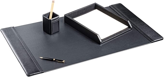 Genuine Top-Grain Black Leather 3-piece Desk Set