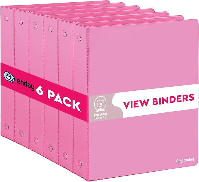 Enday 1.5 Inch Binder (6 Pack - Pink) 3 Ring Binder 1.5 inch with Clear View Cover and 2 Inside Pocket - for Letter Size 8.5 x 11'' Paper, Ideal for School Supplies, Office, and Home