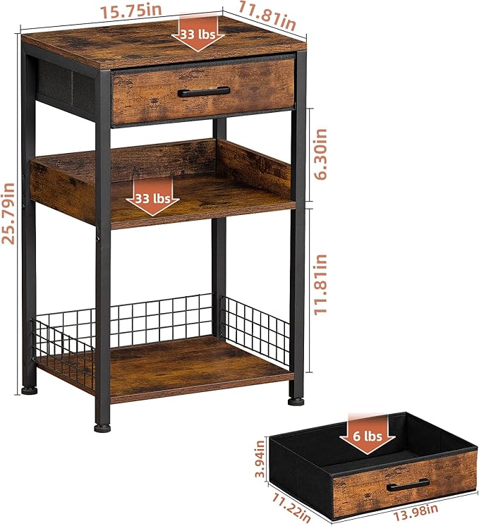 Lerliuo End Table with Fabric Drawer,3 Tier Industrial Wood Side Table with Storage,Modern Tall Printer Stand,Vintage Brown Nightstand,Rustic Bedside Tables for Living Room Bedroom Small Spaces | Three-tier printer stand with fabric drawer and two shel...