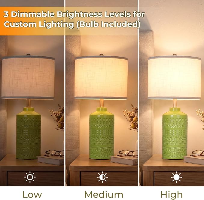 JUNNAI Light Green Ceramic Table Lamp 25 inch 3-Way Dimmable Nightstand Lamp with White Linen Shade Bedside Lamp for Living Room Bedroom Office Reading (Bulb Included)