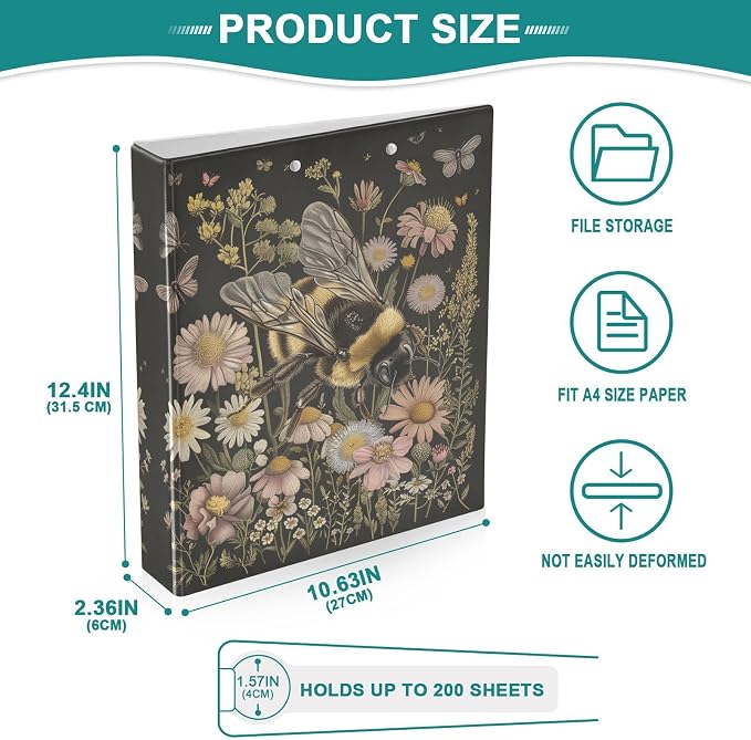 3 Ring Binder Bee Wildflowers 1.5 Inch Three Ring Binder | Cute Binder with 3 Storage Pockets for Women School Office Supplies