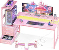 AODK 59 Inch Gaming Desk with USB Charging Ports & LED Light- Reversible Computer Desk with Storage Shelves & Monitor Stand, Modern Gamer Desk Table with Fabric Drawers, Pink