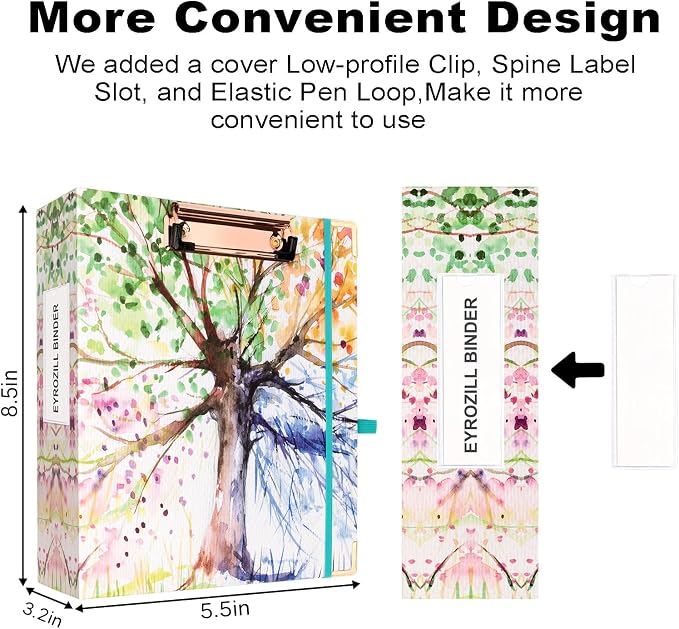 EYROZILL 2 Inch Mini 3 Ring Binder for 5.5" x 8.5" Paper with 5-Tab Dividers EYROZILL Cute Mini Binder for School/Office Supplies and Home, Season Tree