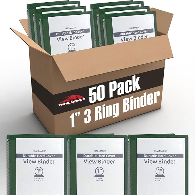 Trail Maker 1 inch Binders (50 Pack), 3 Ring Hardcover Binders in Bulk with Clear View Cover, Pockets for Classroom, Office, Portfolios | Bulk School, Teacher, Office Supplies (Green Only Pack)