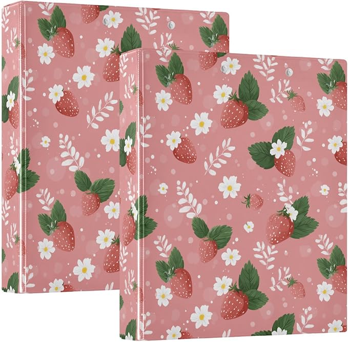 Strawberry Fruit Hard Cover Ring Binder 1.5 Inch 3 Ring, Printed Ring Binder with Metal Non-Slip Clip Clear Pocket Water Resistant Round Ring Binders for Recipe Budget Office