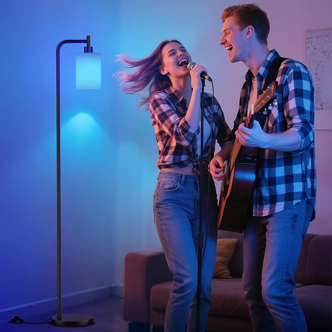 Ziisee RGB Floor Lamps for Living Room, Dimmable Industrial Standing Lamp with Remote Control for Bedroom Office Corner, 3 Colors Temperature, White Glass Shade, 9W RGB LED Bulb