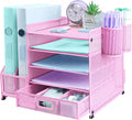 Desk Organizers and Accessories with File Holder, 5-Tier Paper Letter Tray Organiser with Drawer and 2 Pen Holder, Mesh Desktop Document Organizer for Office Supplies, Workspace - Pink