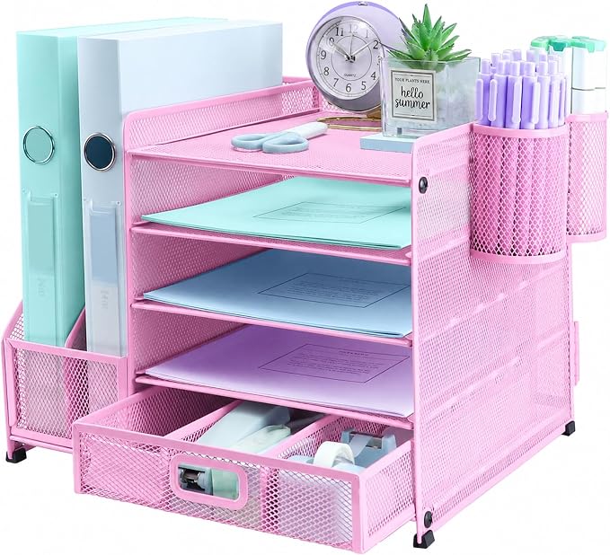 Desk Organizers and Accessories with File Holder, 5-Tier Paper Letter Tray Organiser with Drawer and 2 Pen Holder, Mesh Desktop Document Organizer for Office Supplies, Workspace - Pink