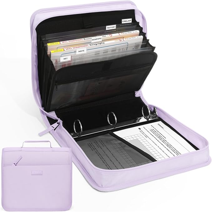 Zipper Binder with Handle, 1.5 Inch O-Ring, 325 Pages Capacity, with 5-Tab Expanding File Folder for Classified Storage, Small Size Lightweight Zipper Bag for Middle School Students, Lavender Purple