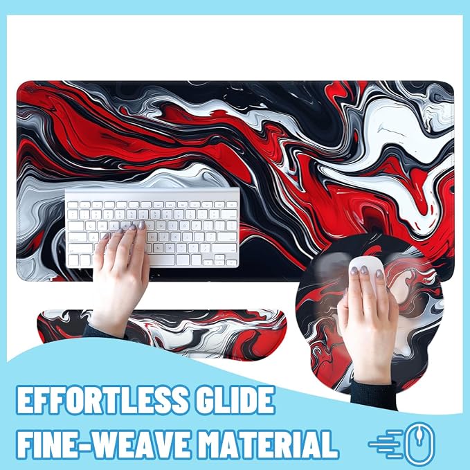 Abstract Art Mouse Pad Set Red Black White Modern Fluid Art Gaming Mousepad 4in1 Desk Mat for Desktop Wrist Support Cup Coaster Set Ergonomic Computer Desk Arm Wrist for Decor Home Office