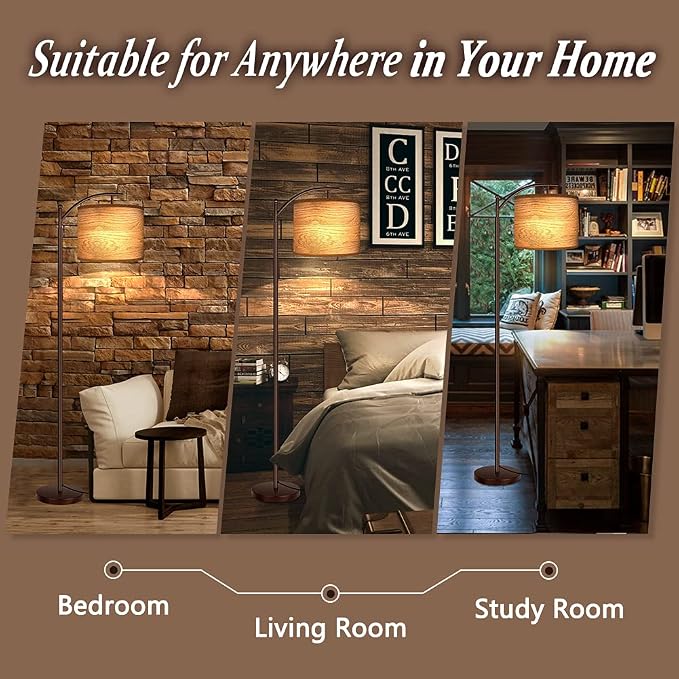 Floor Lamp for Living Room, LED Standing Lamp Tall Industrial Floor Lamp Reading for Bedroom, Office (9W LED Bulb, Wood Grain Lampshade Included) - Oil-Rubbed Bronze