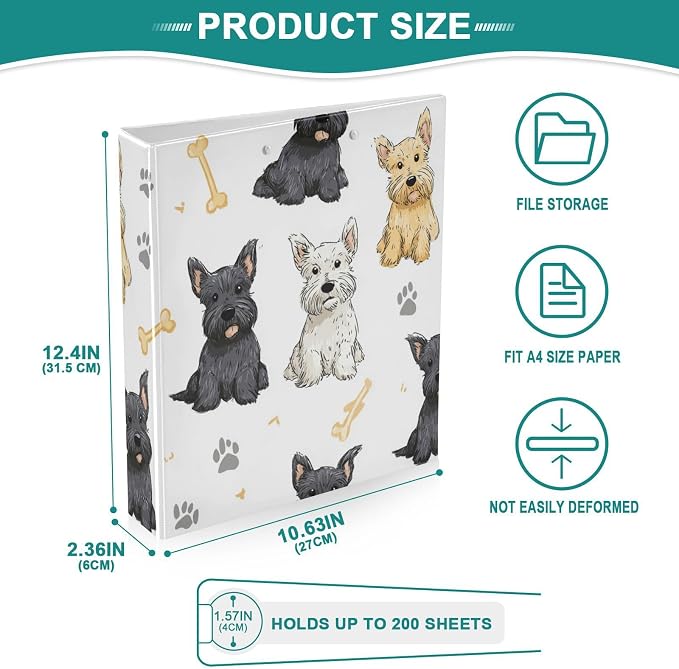 Caikeny 3 Ring Binder Footprint Scottie Scottish Terrier Dogs 1.5 Inch Binders Round Ring Clipboard with 2 Pockets for Office Supplies