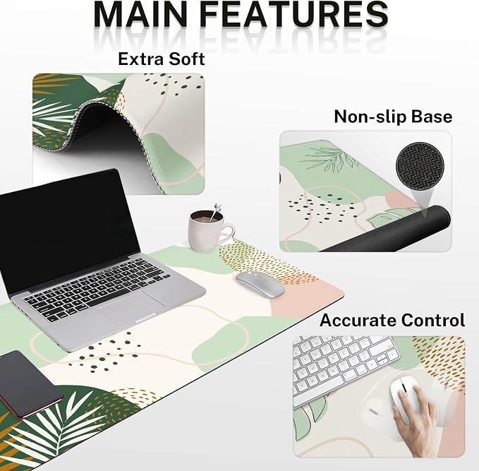 Keyboard Mouse Pad Set, 4 in 1 Desk Mat Set, Boho Green | Leaves Large Mousepad+Keyboard Wrist Rest+Mouse Wrist Rest+Coaster Ergonomic Design for Home Office Computer