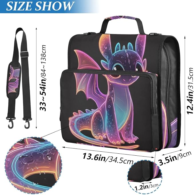 3 D-Ring Zipper Binder Bag, Cartoon Purple Glowing Dragon Removable Binder with Zipper Case Hold 300+ Sheets& 13 Inch Laptop for School Office Supplies Organizer