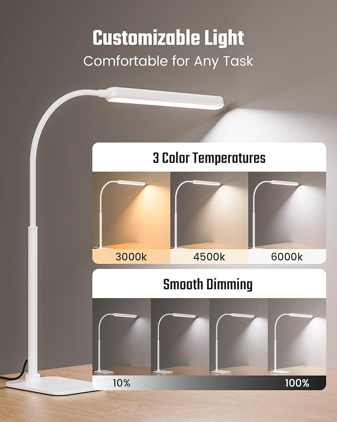 SUPERDANNY Eye-Caring LED Desk Lamp Work Lamp Office Lamp with Base | White, Touch Control, 360° Flexible Gooseneck, 3 Modes Smooth Dimming, Memory Function, Adapter, Metal, for Home Office Dorm