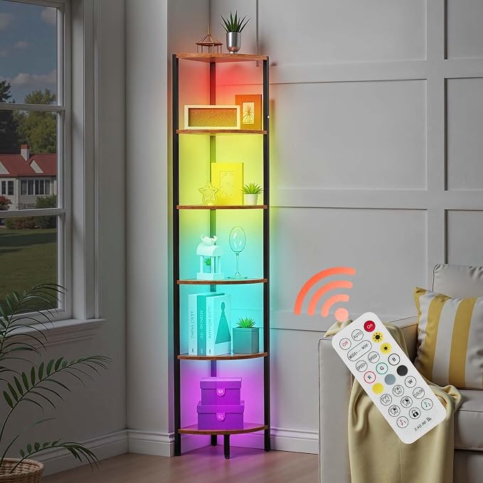 VEVOR 6 Tier Corner Shelf with LED Light, 68" Tall Corner Bookshelf with Storage Shelves for Collectibles, Display Shelf with Multi-Color Lights Controlled Via RC/APP for Bedroom, Living Room, Office
