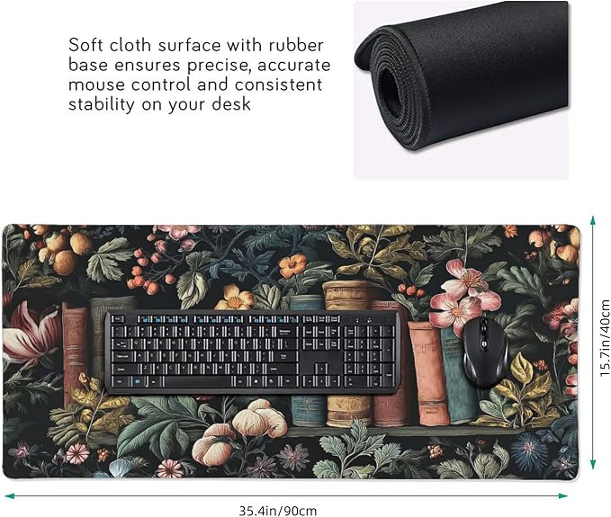 Dark Academia Desk Mat, Floral & Book Pattern XXL Mouse Pad with Anti-Slip Base & Stitched Edges, Large Desk Pad for Computer Keyboard, Office & Home Decor for Women