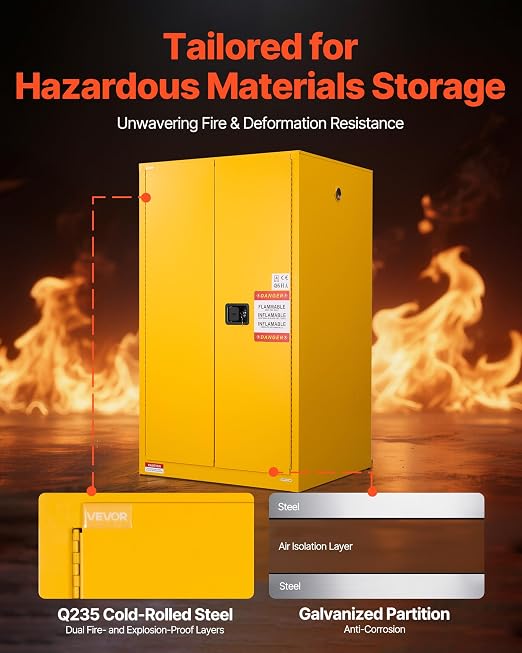 VEVOR Flammable Cabinet 34" x 38" x 65", 65 Gallon Flammable Storage Cabinet with Adjustable Shelf, Cold-Rolled and Galvanized Steel Fire Cabinets, for Commercial Industrial Home Use, Yellow