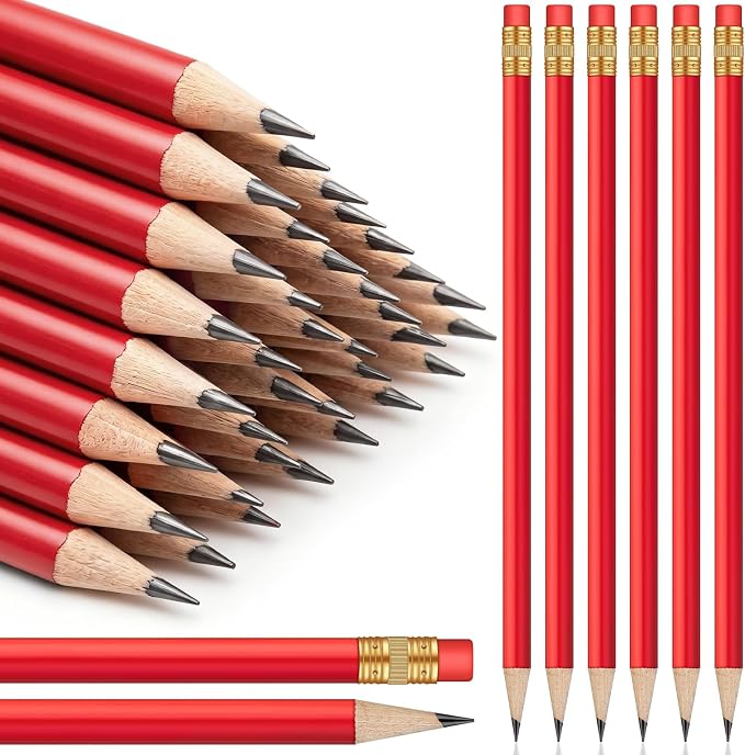 Outus 144 Pieces Round Pencils Cute HB Graphite Wood Pencils Bulk with Eraser for School Writing Drawing Sketching Wedding Office Supplies(Red)