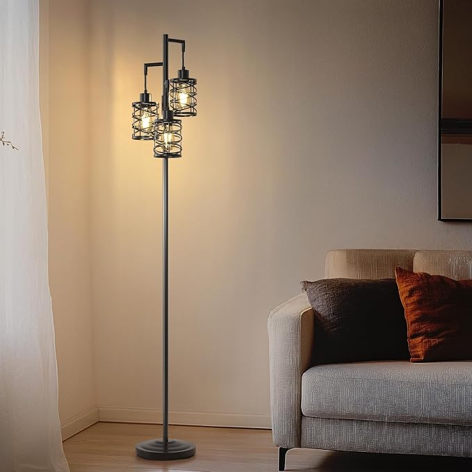 70" Industrial Floor Lamp, Stepless Dimmable Standing Lamp with 3 Bulbs, Farmhouse Corner Standing Tree Lamp for Living Room, Tall Lamps for Bedroom, Office, Study Room, Dining Room, Black