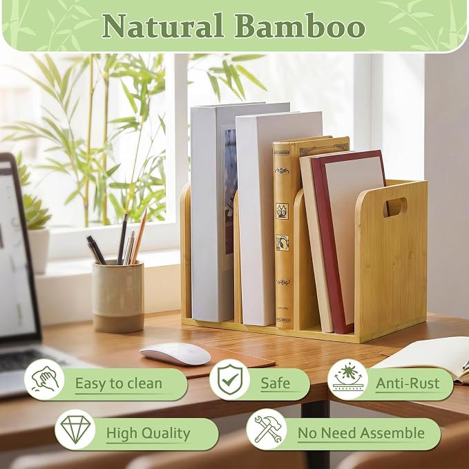 Novabright Bamboo Wooden File Magazine with Handle Holder Desk Organizer, 3 Vertical Compartments Workspace Sorters for Cookbook, Binders, Notebooks, Envelopes, Cook Book Organizer