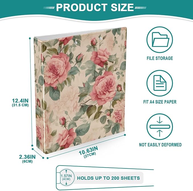 Vintage Pink Roses and Green Leaves 1.5 Inch Binder 3 Ring Decorative Cute Three Ring Binder with Anti-Slip Metal Clip Basic Binder Notebook for School Supplies, 1 Pack
