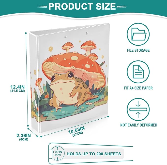 3 Ring Binder, Frog Under Mushroom File Folder Holds 200 Sheets File Storage for Women Men School Office Supplie