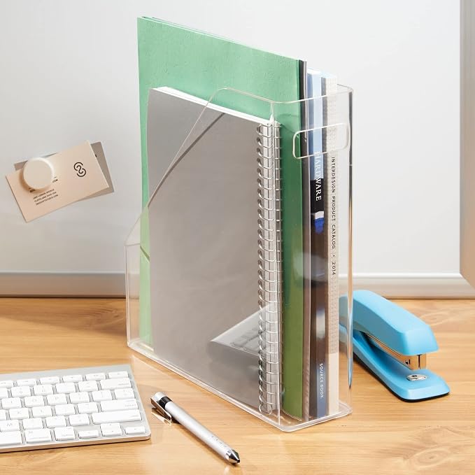 mDesign Plastic Slim Vertical File Folder Storage Organizer Bin with Handle, Hold Notebooks, Binders, Envelopes, Magazines for Home Office, Work Desktops, Ligne Collection, 8 Pack, Clear