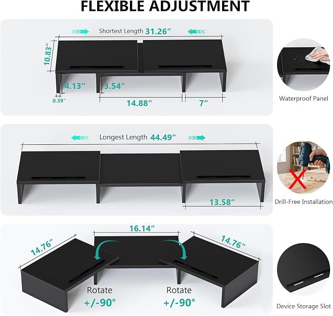 WALI Extra Long Wooden Dual Monitor Stand Riser with 2 Slots, up to 22lbs | Underneath Storage, Adjustable Length & Angle, Multi-Purpose Desktop Organizer Desk Shelf for Home Office PC, Laptop, Printer