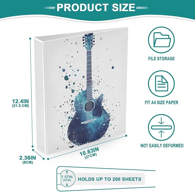 Watercolor Blue White Guitar Binder 1.5 Inch Binder with Clipboard&Pockets, Music Hardcover Binders 3 Ring, Heavy Duty Large File Folder for Office School Supplies - Holds 200 Sheets, 2 Pack