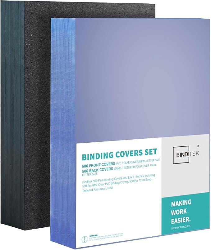 Binditek Binding Covers Set, 8.5x11 Inches, 8Mil PVC & 12Mil Poly, 1000Pack | Binding Covers and Backs Set, Letter Size, 8 Mil Clear PVC Binding Cover, 12Mil Black Poly Cover, Square Corners, Unpunched
