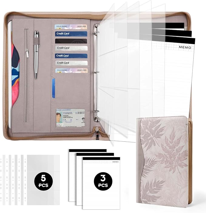 Padfolio Portfolio Folder Binder-Organizer Planner Notebook Zippered Portfolio Padfolio for Women & Men with Document Sleeve,Letter/A4 Size Clipboard,Business Card Holders (Brown Leaf)
