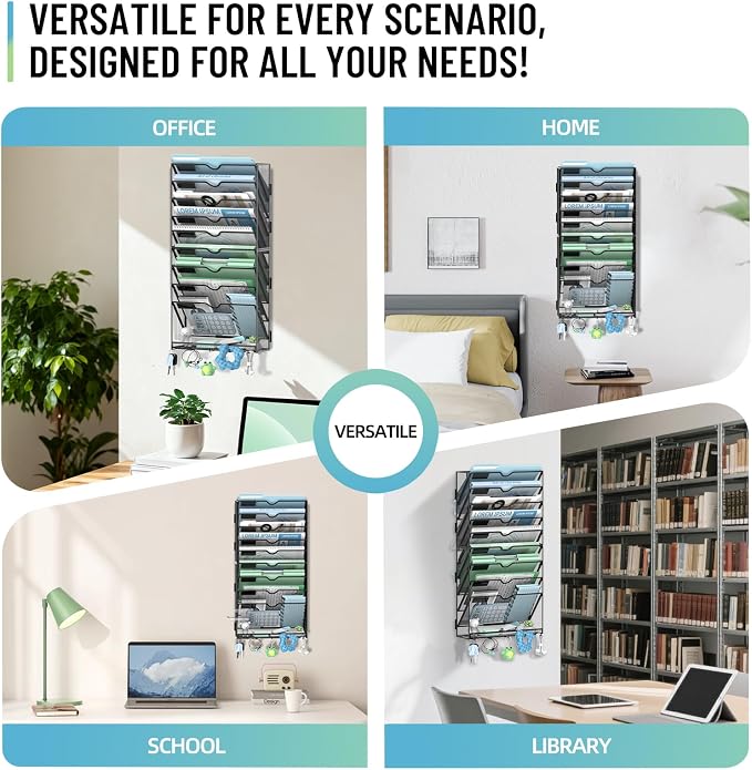 10-Tier Wall File Organizer with 5 Hooks, Wall Mounted Mail Organizer | File Holder Organizer, Metal Mesh Office Wall Organizer for Home, School & Classroom