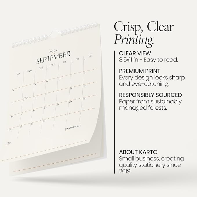 Karto Wall Calendar 2026-2027 8.5x11 in - Beige | July 2026 to December 2027, Vertical, Boosts Productivity, Easy Monthly Planning