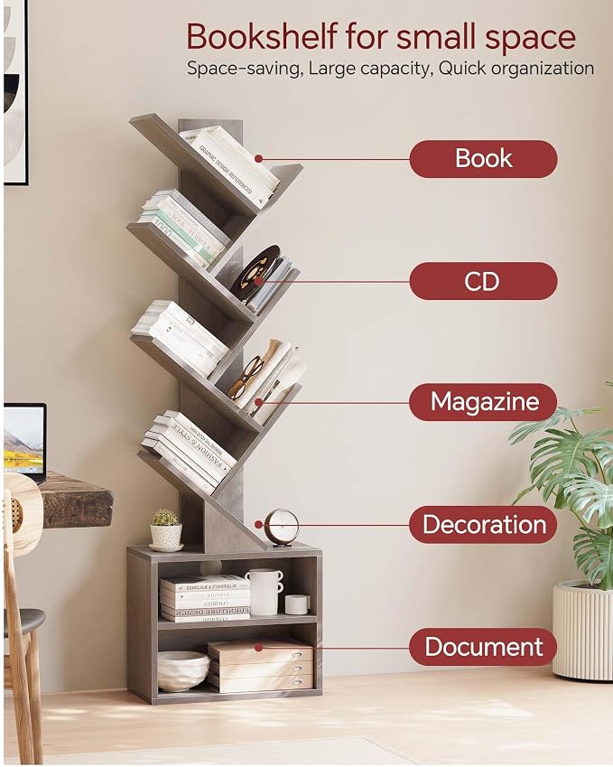 SUNMORY 6 Tier Tree Bookshelf, Tall Small Bookcase with Storage Cabinet | Modern Narrow Bookshelves Organizer, Floor Standing Book Case Shelf for Bedroom Living Room Home Office Corner, Grey