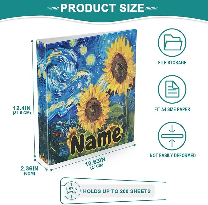 Custom 3 Ring Binder Sunflowers Starry Sky Night 1.5" Round Ring Binders Personalized Name View Binder with 200 Sheet for Kids School Supplies Women Men Office, 1 Pack