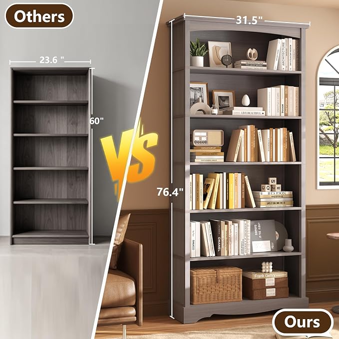 TVU 6-Tier Wooden Bookshelf, 76 Inch Tall Bookshelf with Storage, Floor Standing Modern Style Display Bookcase for Living Room, Office, Study Room, Entryway, Grey