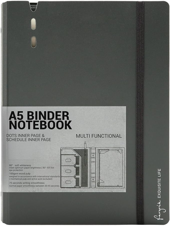 CAGIE A5 Binder 6 Ring Refillable Notebook with Dividers & Pockets | Daily Planning Square Ruled and Dotted Pages, Refill Paper Included, 6.89 x 9.25 In (Grey, A5 Daily & Dot Page)