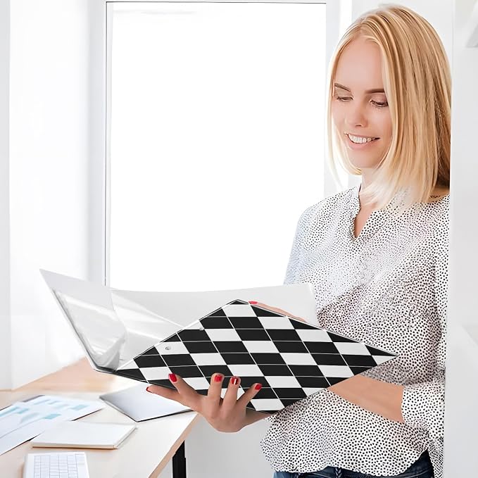 Black White Plaid 3 Ring Binder 1.5 Inch Binders Organizer with Clear Interior Pockets Binder for School Office Work 1 Pack