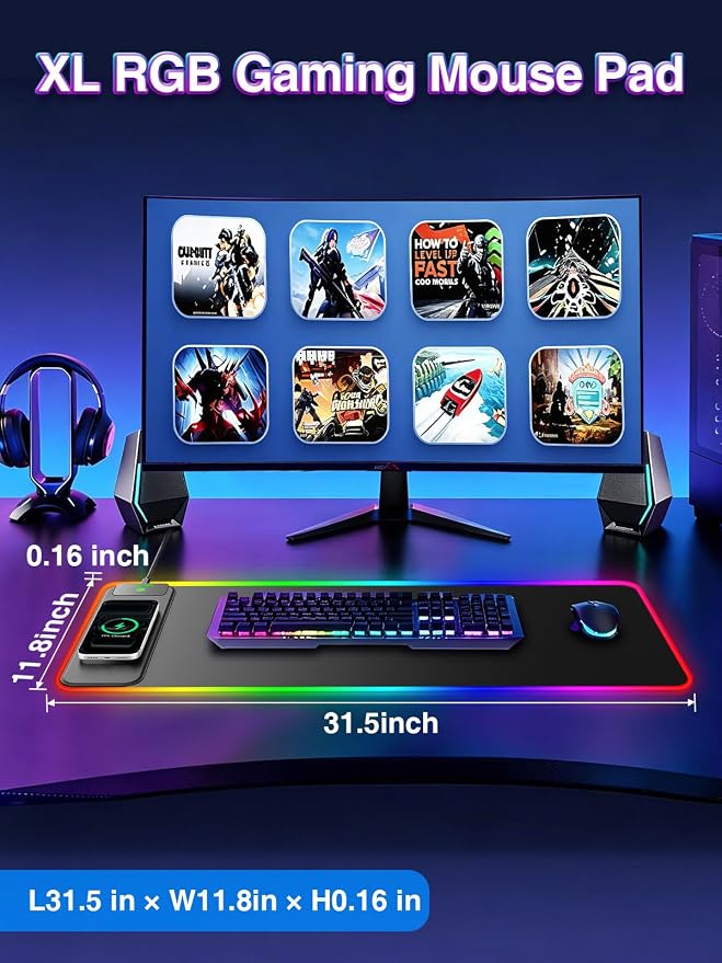 RGB Gaming Mouse Pad with 15W Magnetic Wireless Charging, 31.5'' x 11.8'' | Extra Large LED Mousepad, 24 Lighting Effects Desk Mat with Non-Slip Rubber Base, Waterproof Ultra-Smooth Surface