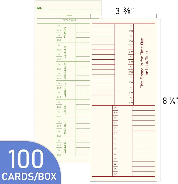 Weekly Time Cards 2-Sided, 3-3/8" x 8-1/4, Named Days, 100-Count,Time Cards for Employees, Green Print, Timecards for Time Clocks