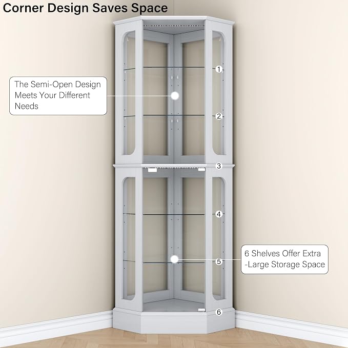 kepptory 72" Tall Corner Display Cabinet with Glass Doors，White | 6-Tier Glass Display Cabinet, Adjustable Glass Shelves, LED Lights, Curio Display Case for Collectibles