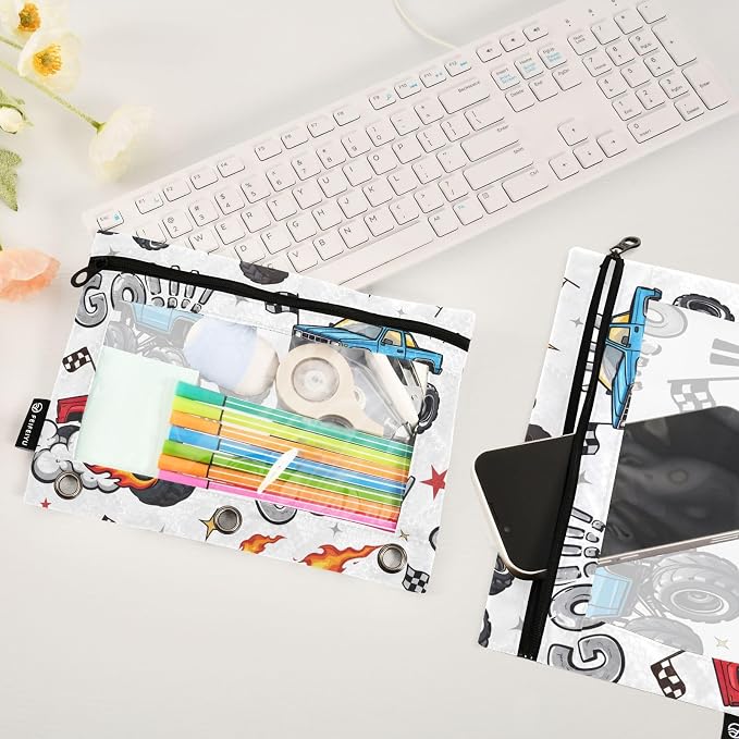 Truck Racing Car Flag Pencil Pouch for 3 Ring Binder, 2 Pack Waterproof Pencil Bags Clear Window Pencil Case Zipper School Office Supplies