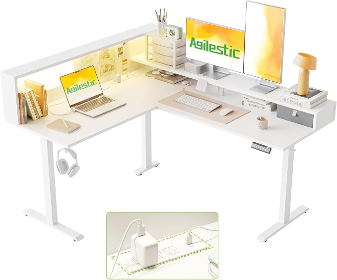 Agilestic 63 Inch L Shaped Electric Standing Desk with Led, White | Modular Storage System, Outlets&Led, Corner Desk, Ample Workspace, Memory Presets, Hooks, Stable Steel Frame,176 lbs