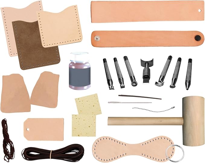 Realeather Explore Leathercraft Kit with Card Sleeve, Bookmark, Laced Key Fob, Wristband and Bag Tag