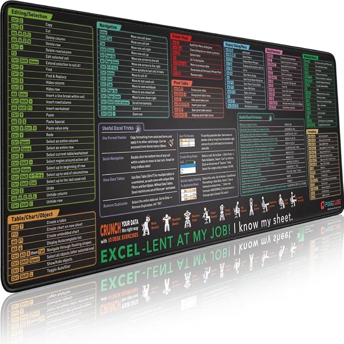 Pixiecube Excel Cheat Sheet Desk Pad | Excel Shortcut Keys Mouse Pad | Extended Large XL Gaming Mousepad | PC Office Spreadsheet Keyboard Mat | Non-Slip Stitched Edge