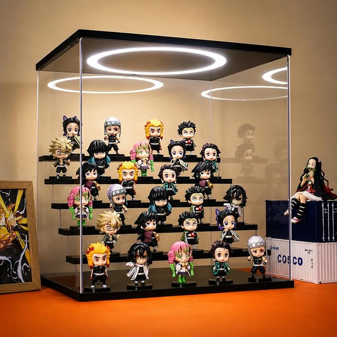 Acrylic Display Case with Adjustable LED Light, 6 Tier Clear Display Box Dustproof Showcase for Action Figures, Collectibles and Mini Toys, Assembly Display Cabinet(Black 15.5*12.5*16.7in)