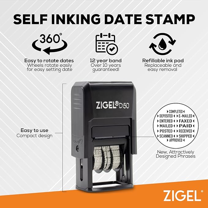 ZIGEL D50 Date Stamp with Your Custom Text - Self Inking Date Stamp - Red