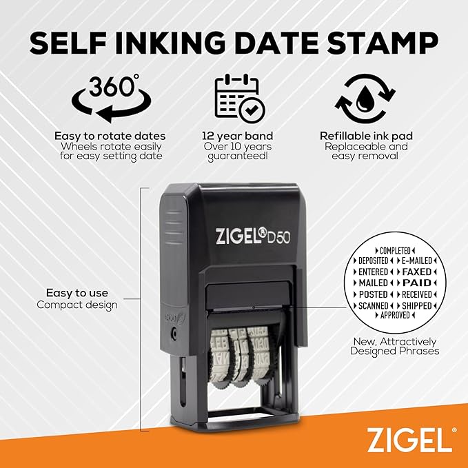 ZIGEL D50 Date Stamp with Paid - Self Inking Date Stamp - Black