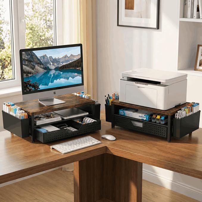 ECOLOVI Desk Organizer and Accessories, 2-Tier Computer Monitor Stand Rise with Storage Drawer & 2 Pen Holders, Laptop & Printer Stand for Desktop, Workspace Organizers for Office Supplies (Brown)